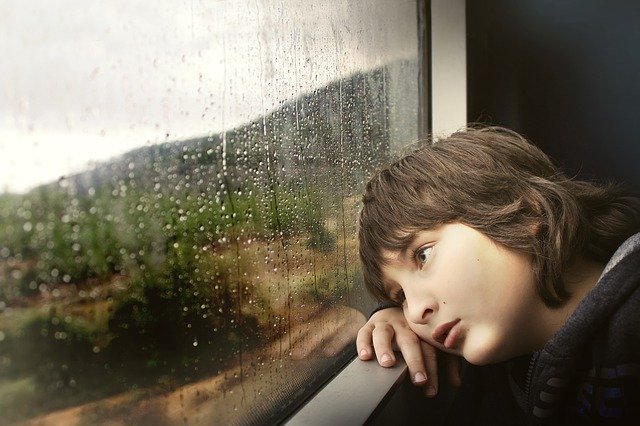 窓の外の雨を眺めている子供